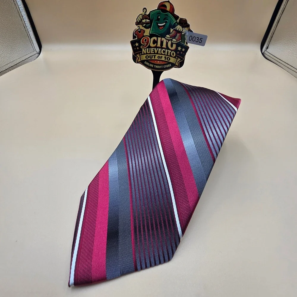Van Heusen Mens Silk Necktie Burgundy Grey White Striped Formal Business Tie